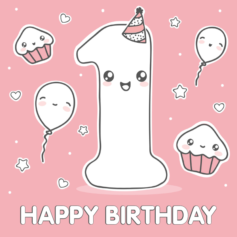 Verjaardagskaarten - Verjaardagskaart - 1 jaar - Roze