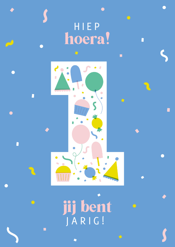 Verjaardagskaarten - Verjaardagskaart 1 jaar vrolijk blauw