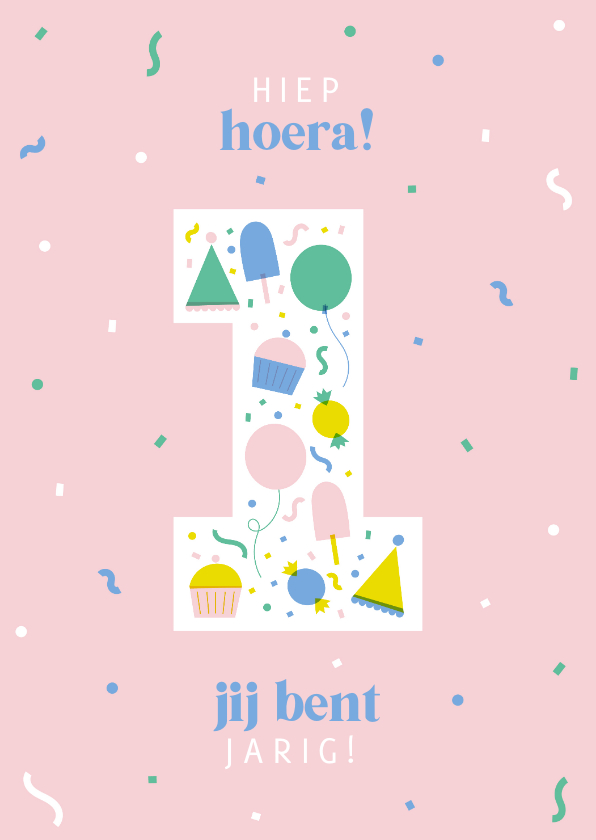 Verjaardagskaarten - Verjaardagskaart 1 jaar vrolijk roze