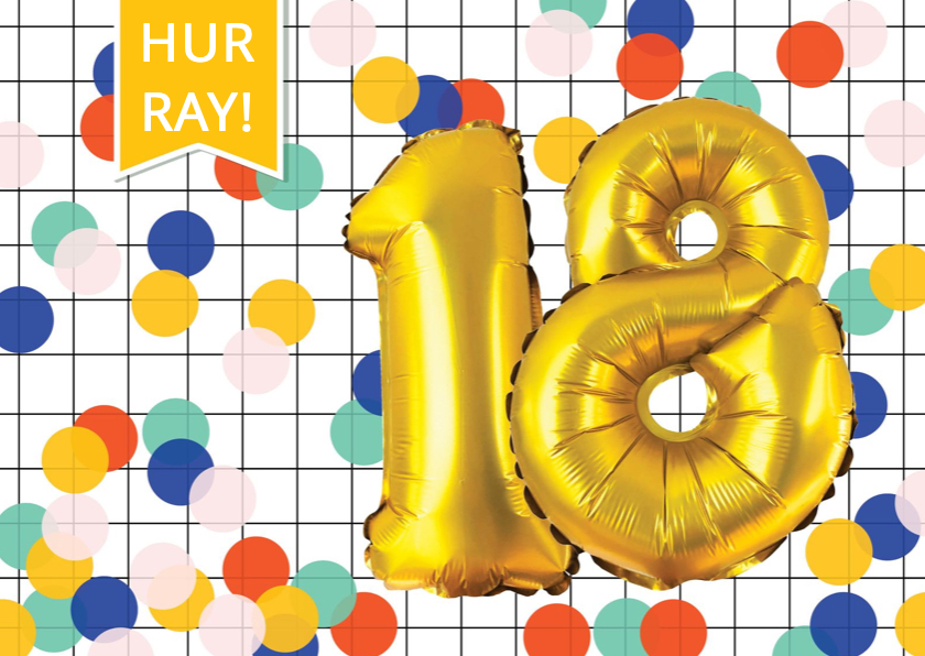 Verjaardagskaarten - Verjaardagskaart 18 jaar met confetti en ballonnen goud