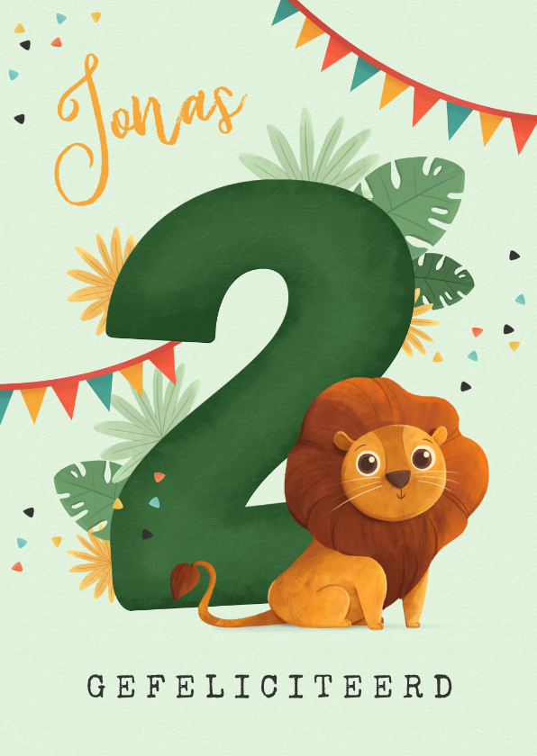 Verjaardagskaarten - Verjaardagskaart 2 jaar jungle leeuw slingers confetti