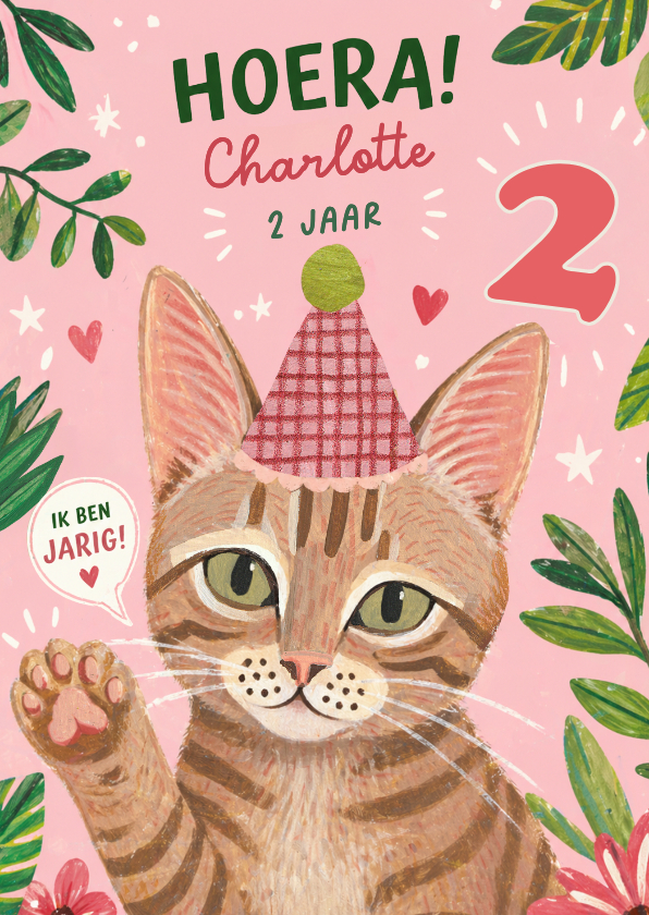 Verjaardagskaarten - Verjaardagskaart 2 jaar poes katje feest hoera meisje