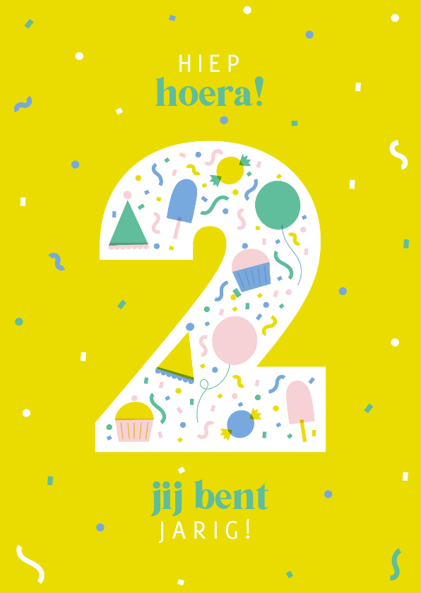 Verjaardagskaarten - Verjaardagskaart 2 jaar vrolijk geel