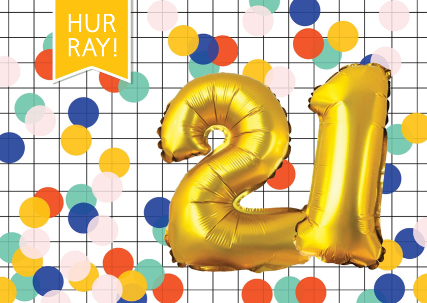 Verjaardagskaarten - Verjaardagskaart 21 jaar ballonnen goud