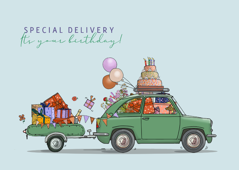 Verjaardagskaarten - Verjaardagskaart 2cv met aanhangwagen