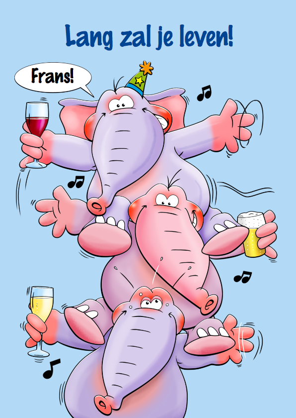 Verjaardagskaart 3 grappige olifanten met een drankje - Verjaardagskaarten Verjaardagskaarten - Verjaardagskaart 3 grappige olifanten met een drankje
