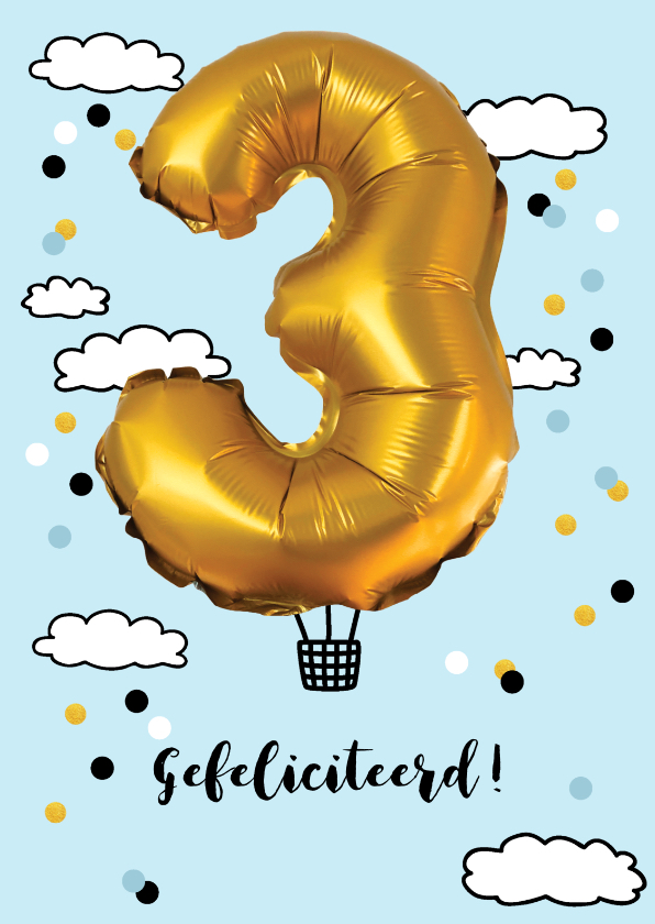 Verjaardagskaart 3 jaar luchtballon goud kleurig - Verjaardagskaarten Verjaardagskaarten - Verjaardagskaart 3 jaar luchtballon goud kleurig