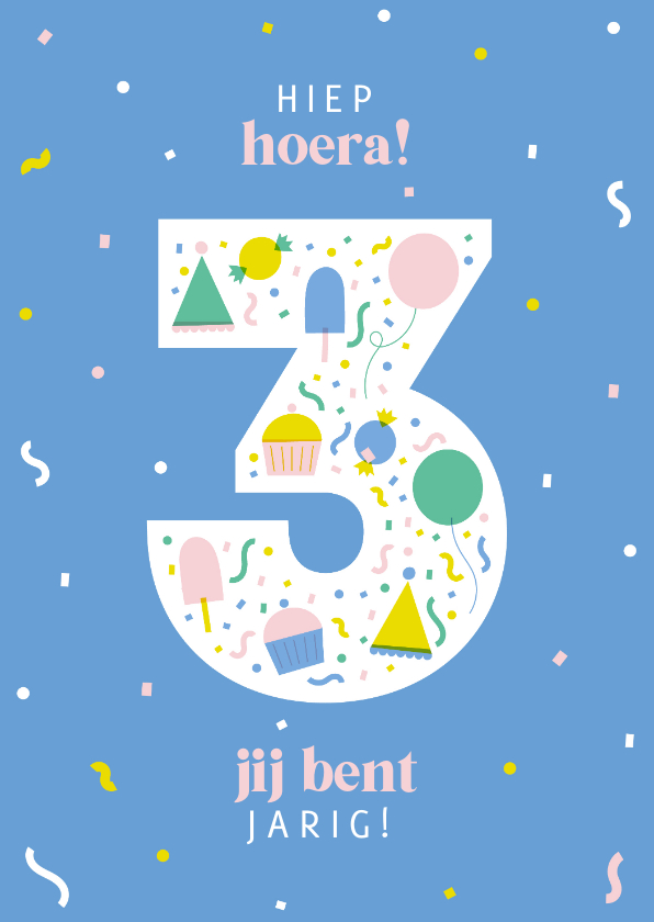 Verjaardagskaarten - Verjaardagskaart 3 jaar vrolijk blauw