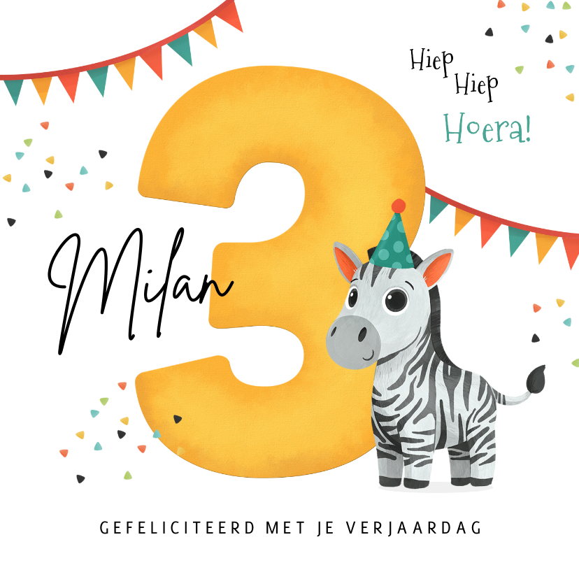 Verjaardagskaarten - Verjaardagskaart 3 jaar zebra slingers confetti