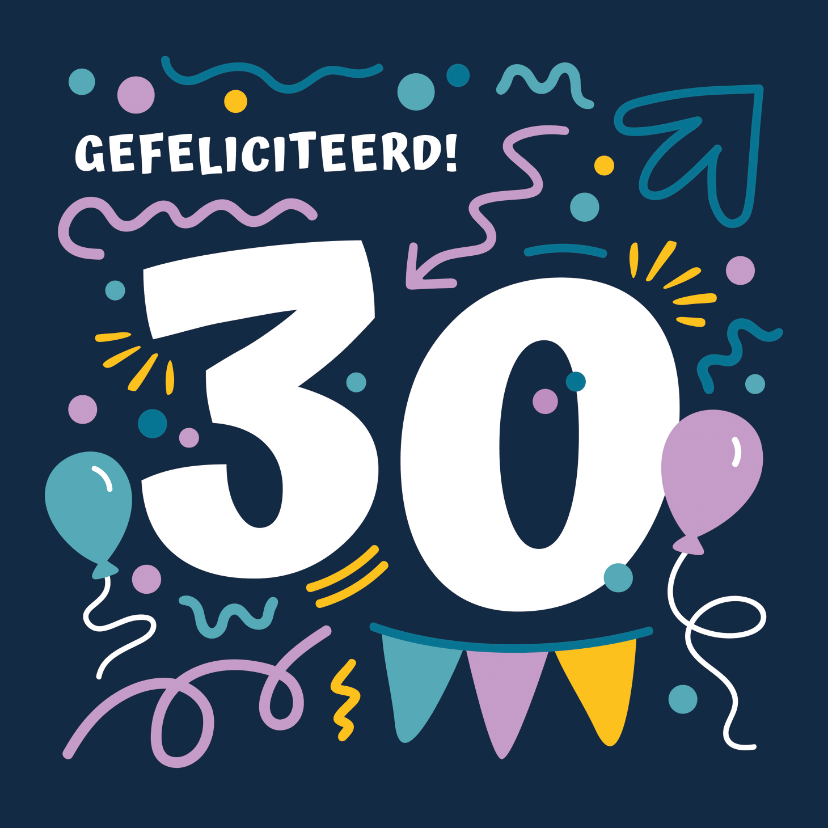 Verjaardagskaarten - Verjaardagskaart 30 ballonnen en confetti
