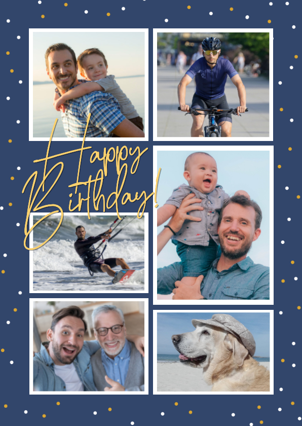 Verjaardagskaarten - Verjaardagskaart 6 foto's blauw 'Happy Birthday'