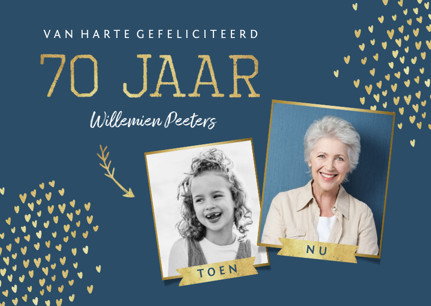 Verjaardagskaarten - Verjaardagskaart 70 jaar stijlvol goud toen en nu