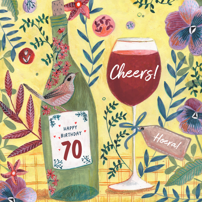 Verjaardagskaart 70 jaar wijn cheers illustratie - Verjaardagskaarten Verjaardagskaarten - Verjaardagskaart 70 jaar wijn cheers illustratie