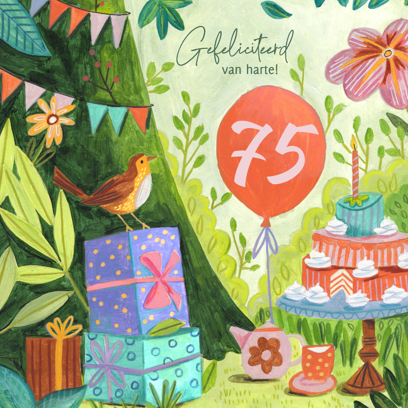 Verjaardagskaarten - Verjaardagskaart 75 jaar feest illustratie taart in bos