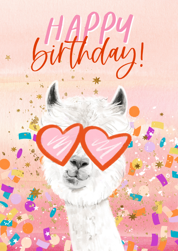 Verjaardagskaarten - Verjaardagskaart alpaca confettiballon goud watercolour