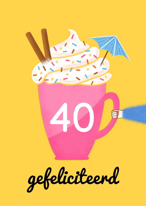 Verjaardagskaarten - Verjaardagskaart arm met beker koffie slagroom geel