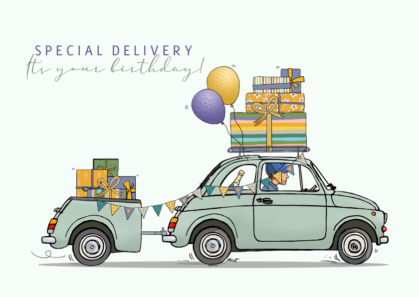 Verjaardagskaarten - Verjaardagskaart auto en aanhanger