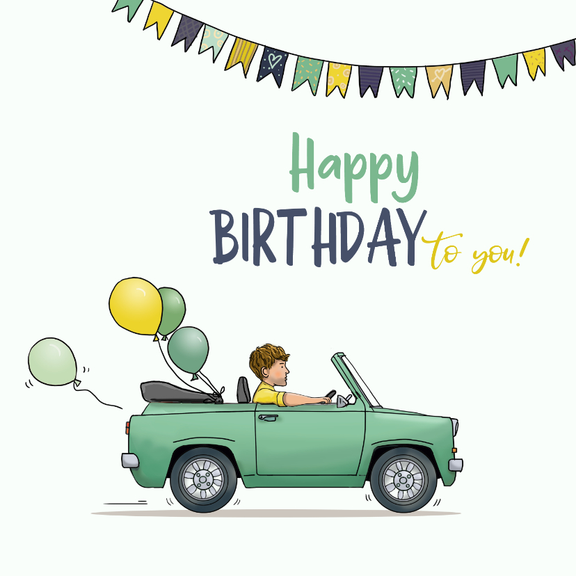 Verjaardagskaarten - Verjaardagskaart auto groen met ballonnen