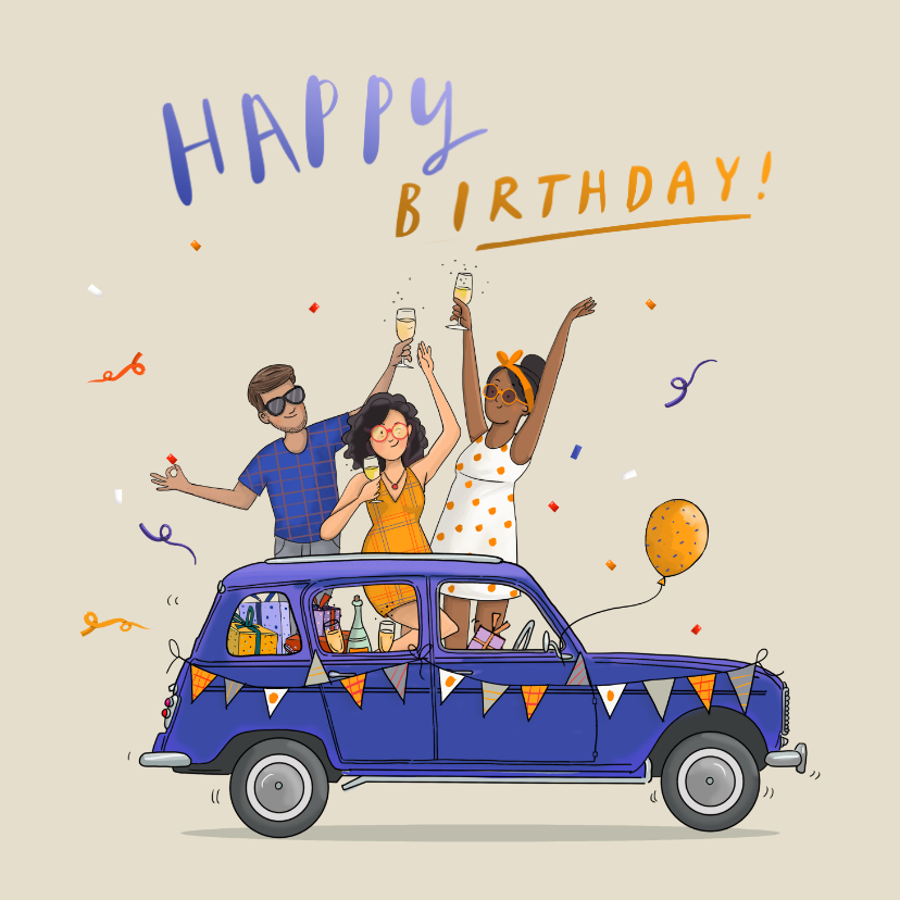 Verjaardagskaart auto met dansende mensen - Verjaardagskaarten Verjaardagskaarten - Verjaardagskaart auto met dansende mensen