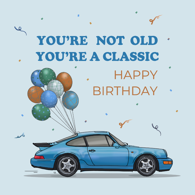 Verjaardagskaarten - Verjaardagskaart auto Porsch blauw met ballonnen