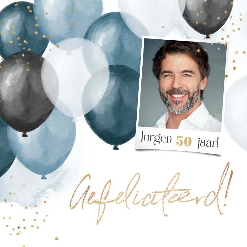 Verjaardagskaarten - Verjaardagskaart ballonnen confetti blauw goud gefeliciteerd
