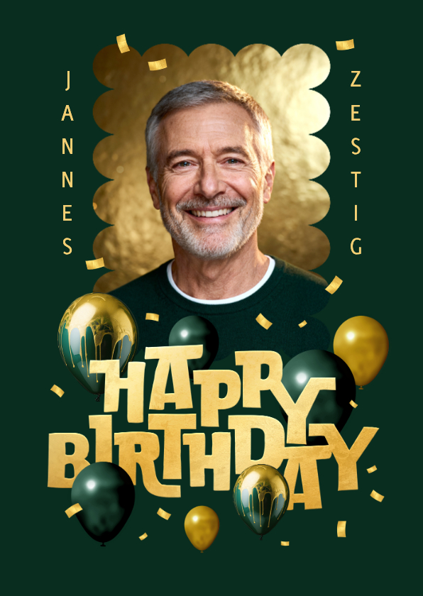 Verjaardagskaart ballonnen confetti goud foto 60 - Verjaardagskaarten Verjaardagskaarten - Verjaardagskaart ballonnen confetti goud foto 60