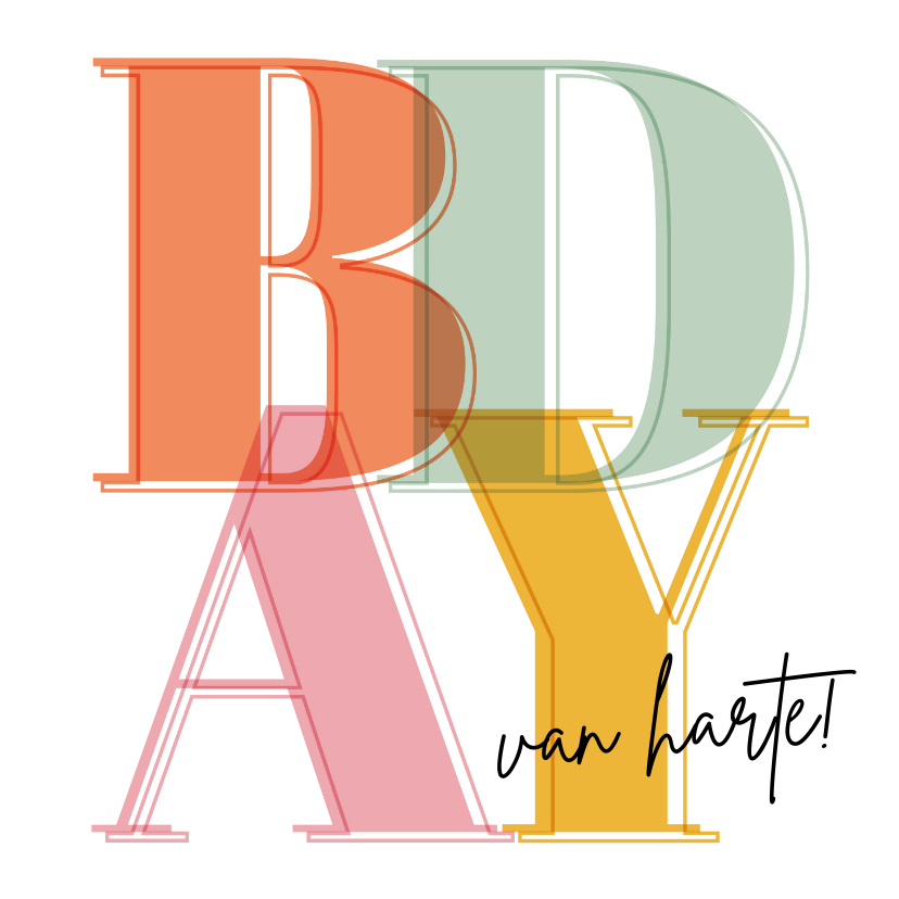 Verjaardagskaart BDAY typografie trendy kleuren - Verjaardagskaarten Verjaardagskaarten - Verjaardagskaart BDAY typografie trendy kleuren