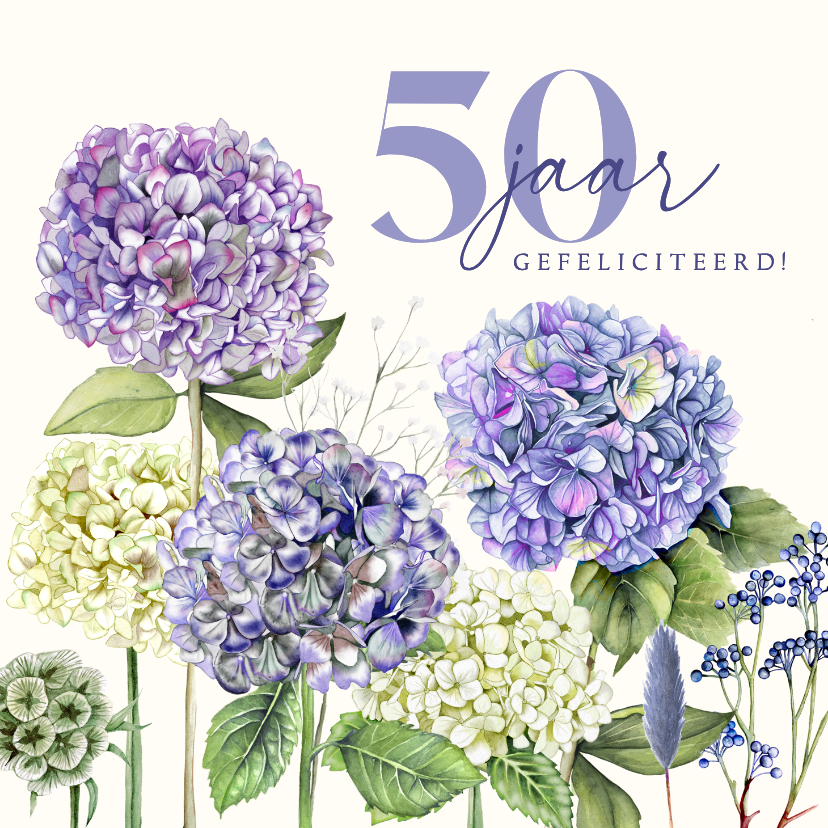 Verjaardagskaarten - Verjaardagskaart blauwe en witte hortensia's
