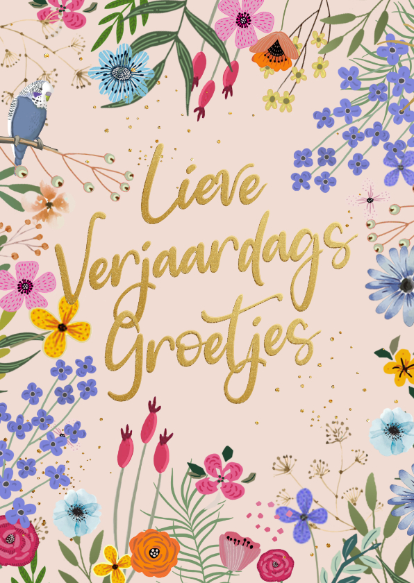 Verjaardagskaarten - Verjaardagskaart bloemen en goudlook