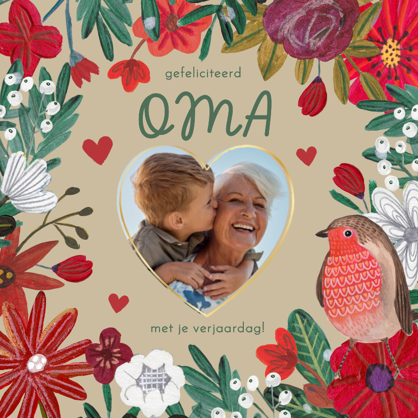 Verjaardagskaart bloemen en vogel en hartjes met foto hart - Verjaardagskaarten Verjaardagskaarten - Verjaardagskaart bloemen en vogel en hartjes met foto hart