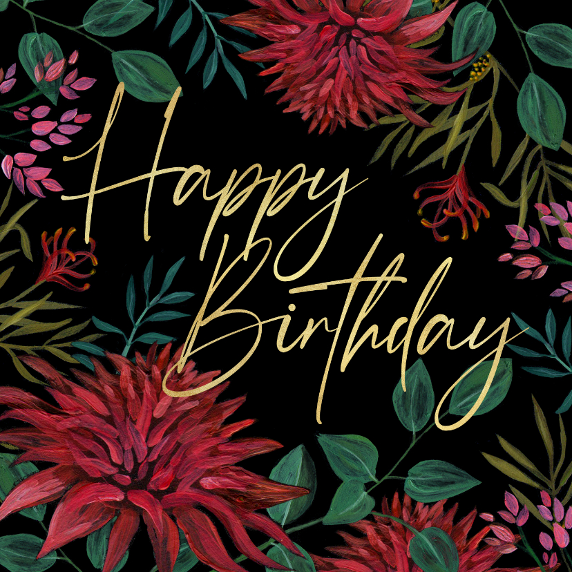Verjaardagskaarten - Verjaardagskaart bloemen happy birthday goud