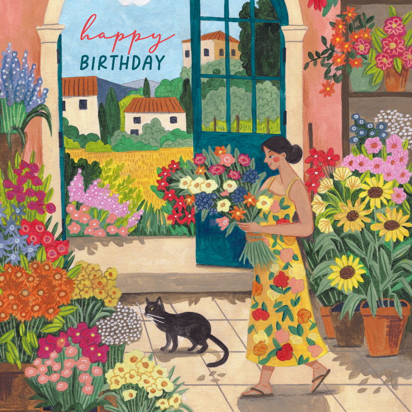 Verjaardagskaart bloemen kat en mediterrane bloemenwinkel - Verjaardagskaarten Verjaardagskaarten - Verjaardagskaart bloemen kat en mediterrane bloemenwinkel