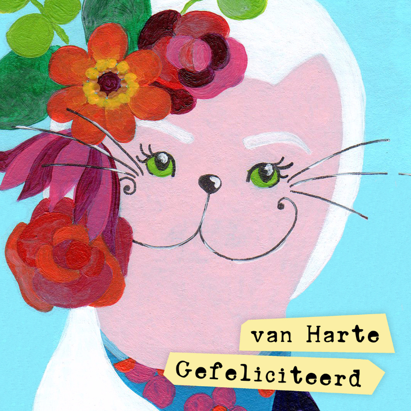 Verjaardagskaart bloemen kat - Verjaardagskaarten Verjaardagskaarten - Verjaardagskaart bloemen kat