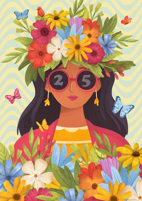 Verjaardagskaarten - Verjaardagskaart bloemen vrouw kleurrijk vlinders 