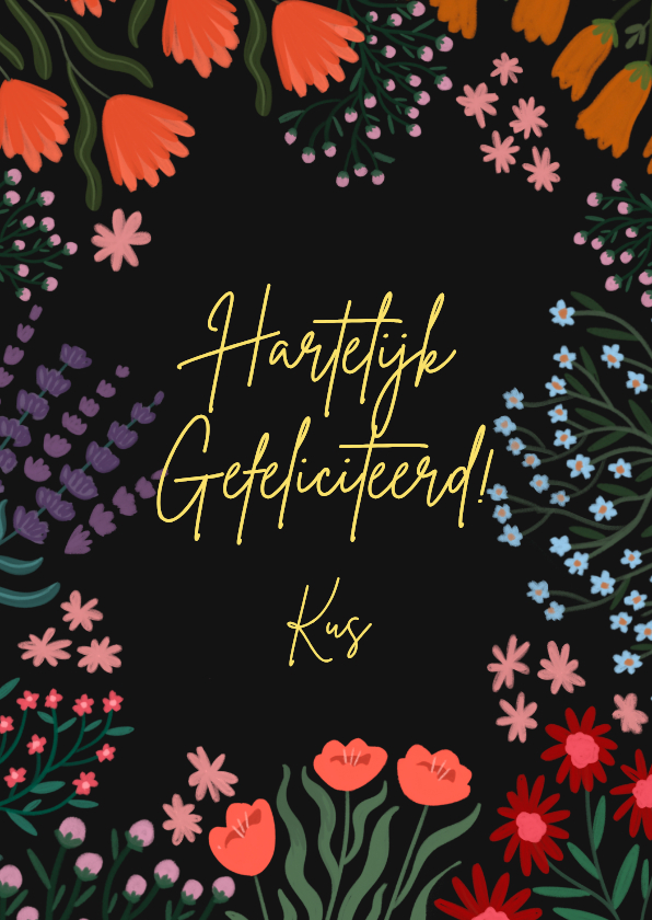 Verjaardagskaarten - Verjaardagskaart bloemetjes aan de randen zwart