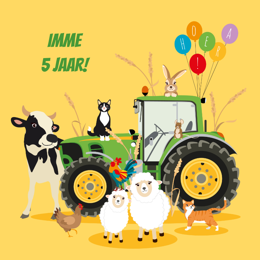 Verjaardagskaarten - Verjaardagskaart boerderijdieren traktor