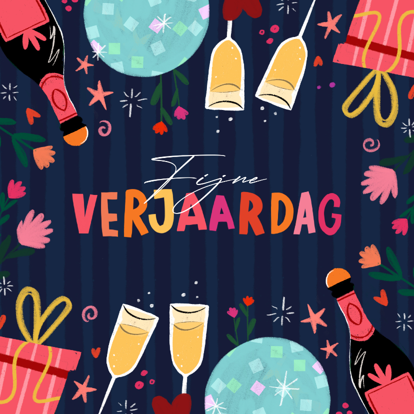 Verjaardagskaarten - Verjaardagskaart champagne en discoballen