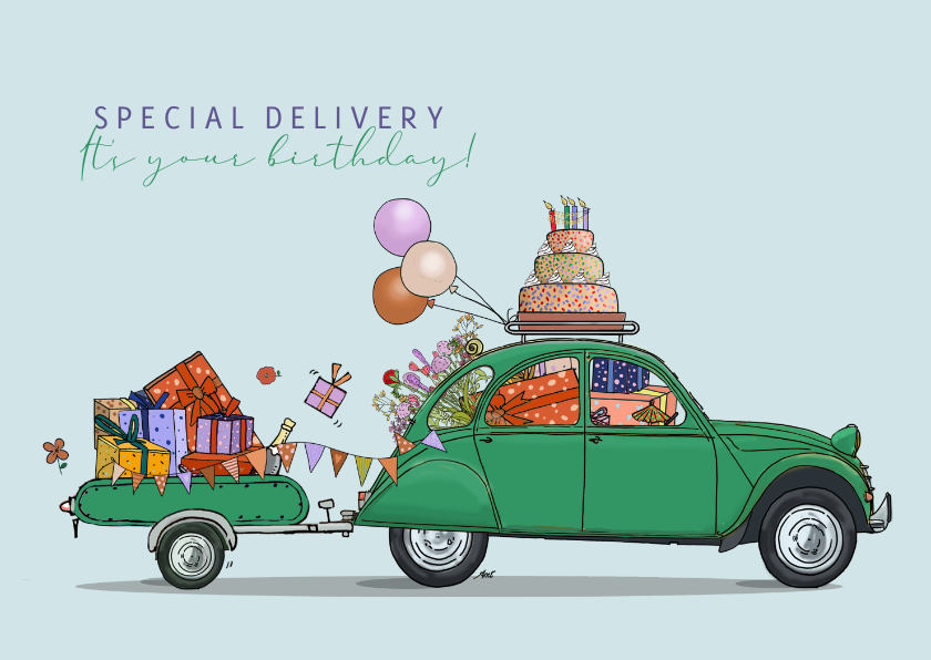 Verjaardagskaarten - Verjaardagskaart Citroën 2cv met aanhangwagen
