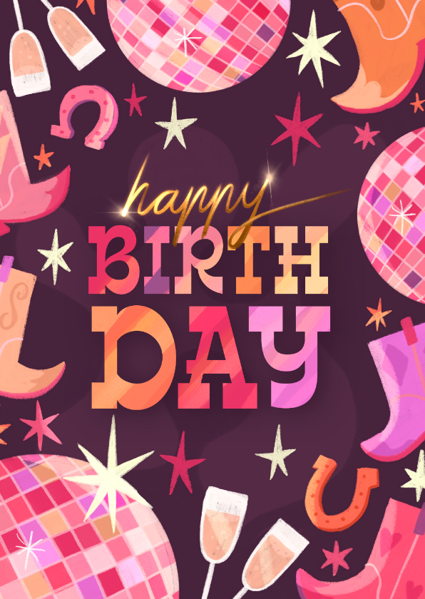 Verjaardagskaart cowboyboots en discoballen - Verjaardagskaarten Verjaardagskaarten - Verjaardagskaart cowboyboots en discoballen