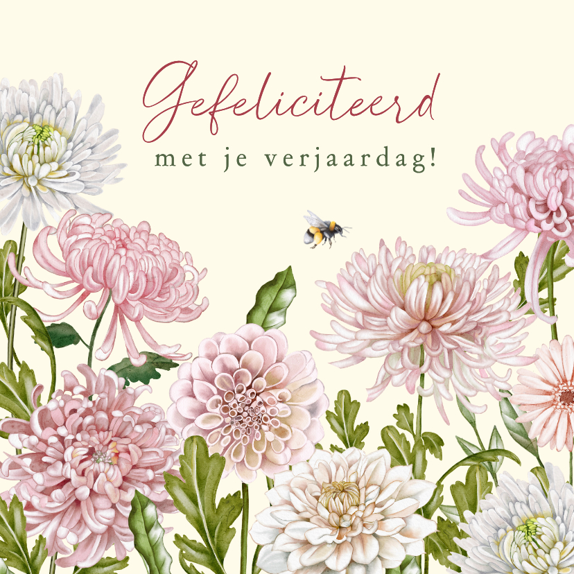 Verjaardagskaarten - Verjaardagskaart dahliabloemen roze en wit