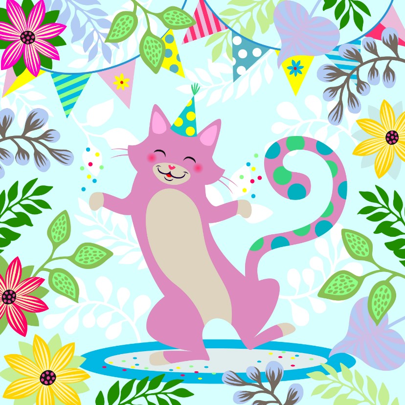 Verjaardagskaart dansende kat met confetti - Verjaardagskaarten Verjaardagskaarten - Verjaardagskaart dansende kat met confetti