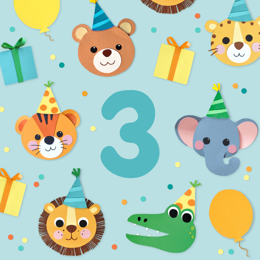 Verjaardagskaarten - Verjaardagskaart dieren, ballonnen en cadeautjes