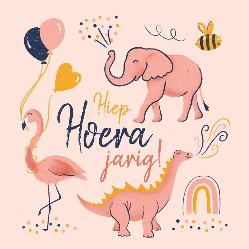 Verjaardagskaarten - Verjaardagskaart dino flamingo olifant