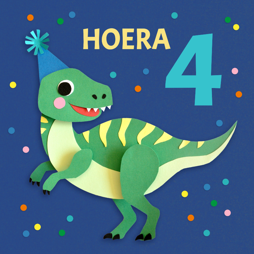 Verjaardagskaarten - Verjaardagskaart dino met feestmuts