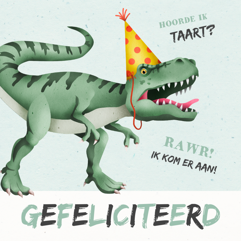 Verjaardagskaarten - Verjaardagskaart dino t-rex taart stoer
