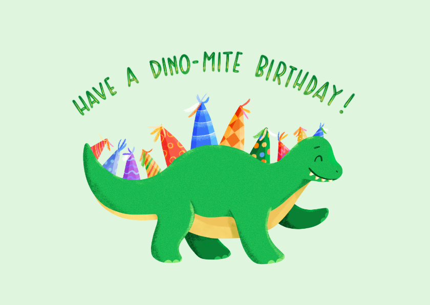 Verjaardagskaart dinosaurus met feesthoedjes - Verjaardagskaarten Verjaardagskaarten - Verjaardagskaart dinosaurus met feesthoedjes
