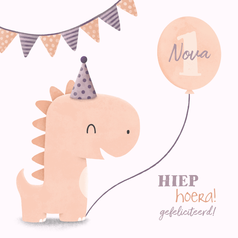 Verjaardagskaarten - Verjaardagskaart dinosaurus met hoedje en vlagjes