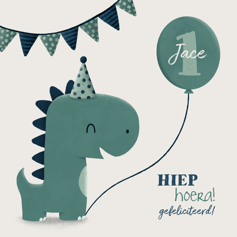 Verjaardagskaarten - Verjaardagskaart dinosaurus met vlagjes en hoedje