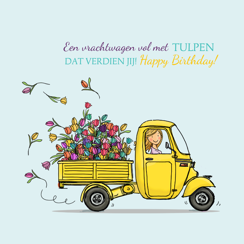 Verjaardagskaarten - Verjaardagskaart driewieler met tulpen