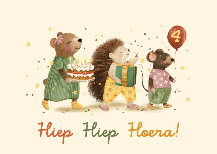 Verjaardagskaarten - Verjaardagskaart egel beer en muis met verjaardagstaart